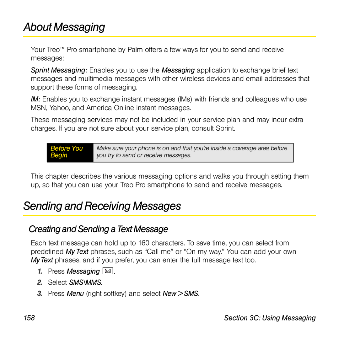 Palm TREOPROBLKSPT manual About Messaging, Sending and Receiving Messages, Creating and Sending a Text Message, 158 