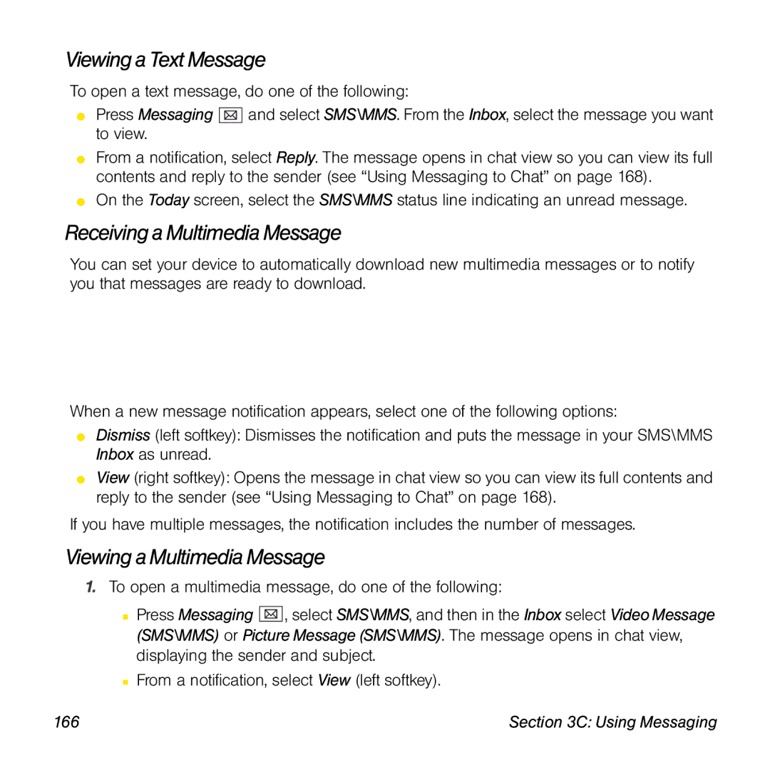 Palm TREOPROBLKSPT manual Viewing a Text Message, Receiving a Multimedia Message, Viewing a Multimedia Message, 166 