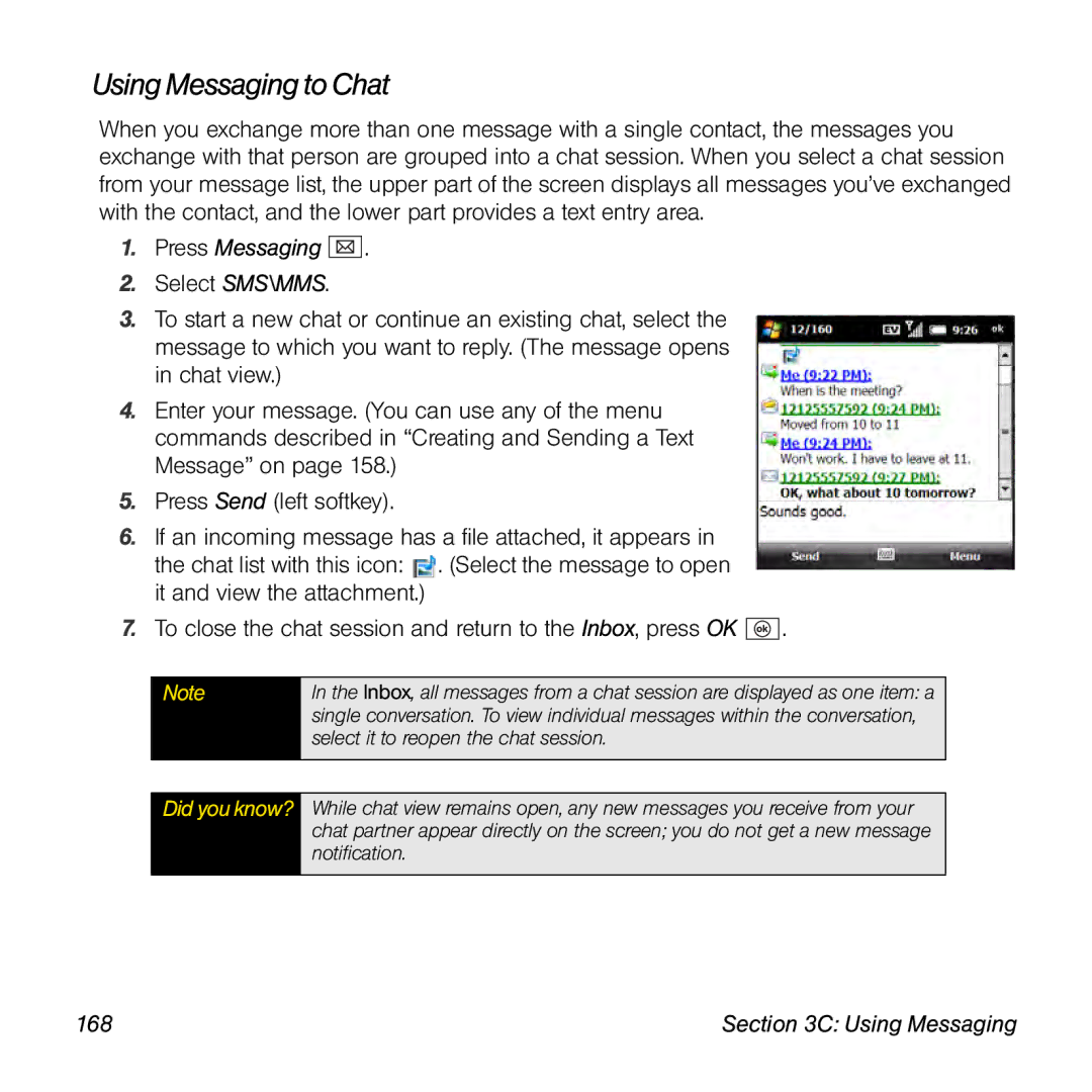 Palm TREOPROBLKSPT manual Using Messaging to Chat, 168 