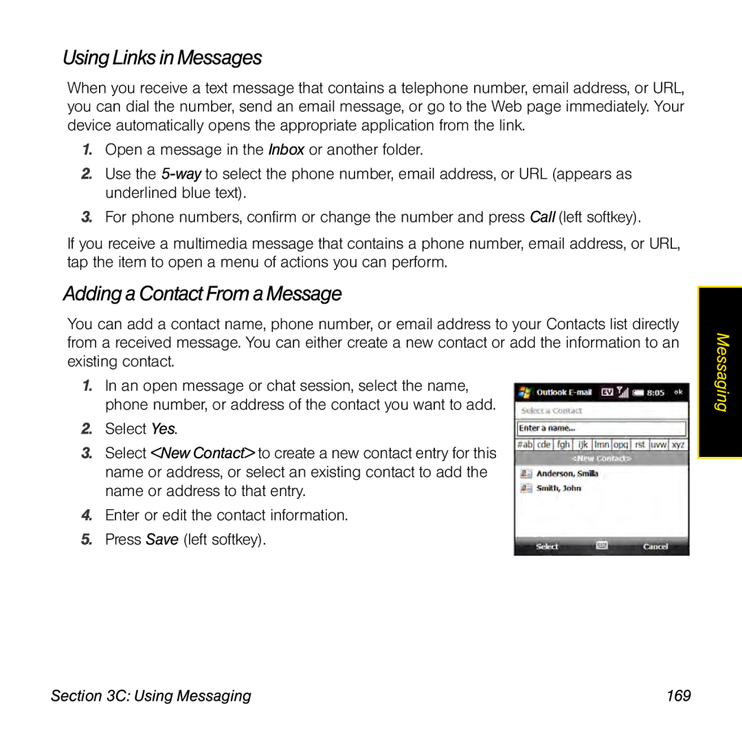 Palm TREOPROBLKSPT manual Adding a Contact From a Message, Using Messaging 169 