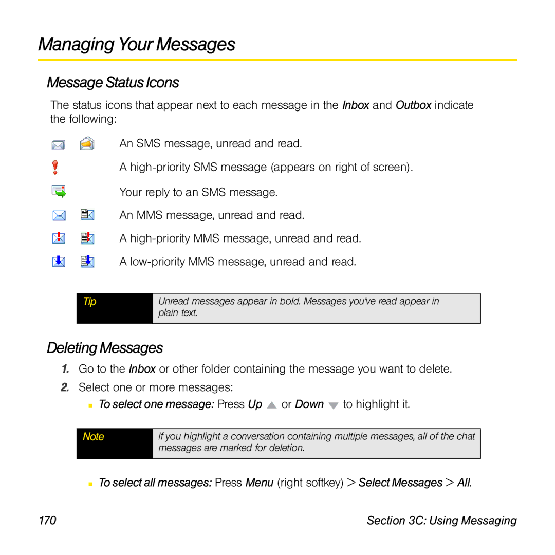 Palm TREOPROBLKSPT Managing Your Messages, Message Status Icons, To select one message Press Up or Down to highlight it 