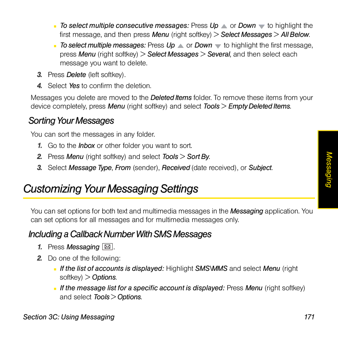 Palm TREOPROBLKSPT manual Customizing Your Messaging Settings, Sorting Your Messages, Using Messaging 171 