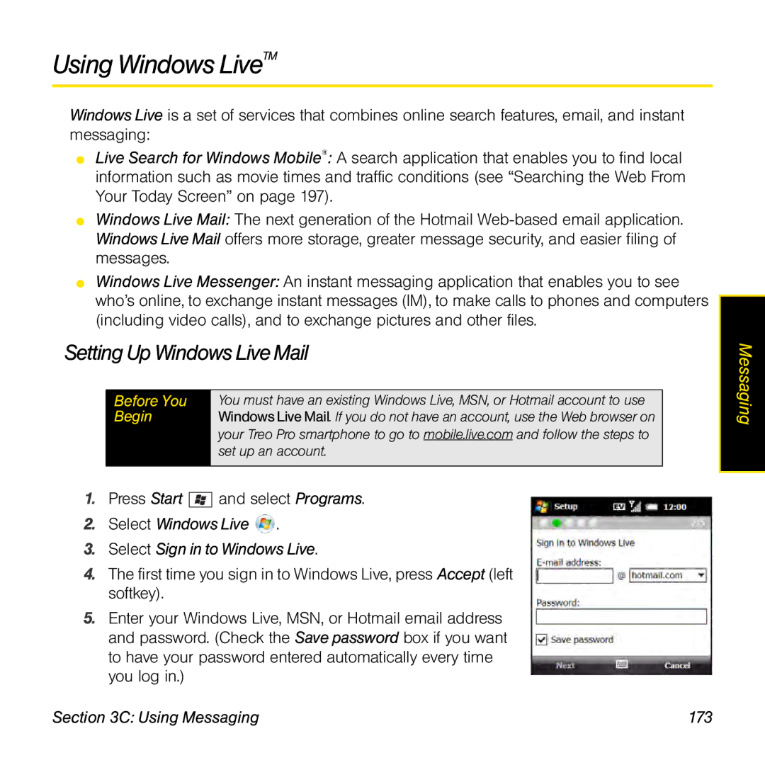 Palm TREOPROBLKSPT Using Windows LiveTM, Setting Up Windows Live Mail, Select Windows Live Select Sign in to Windows Live 