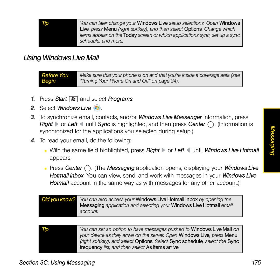 Palm TREOPROBLKSPT manual Using Windows Live Mail, Select Windows Live, Using Messaging 175 