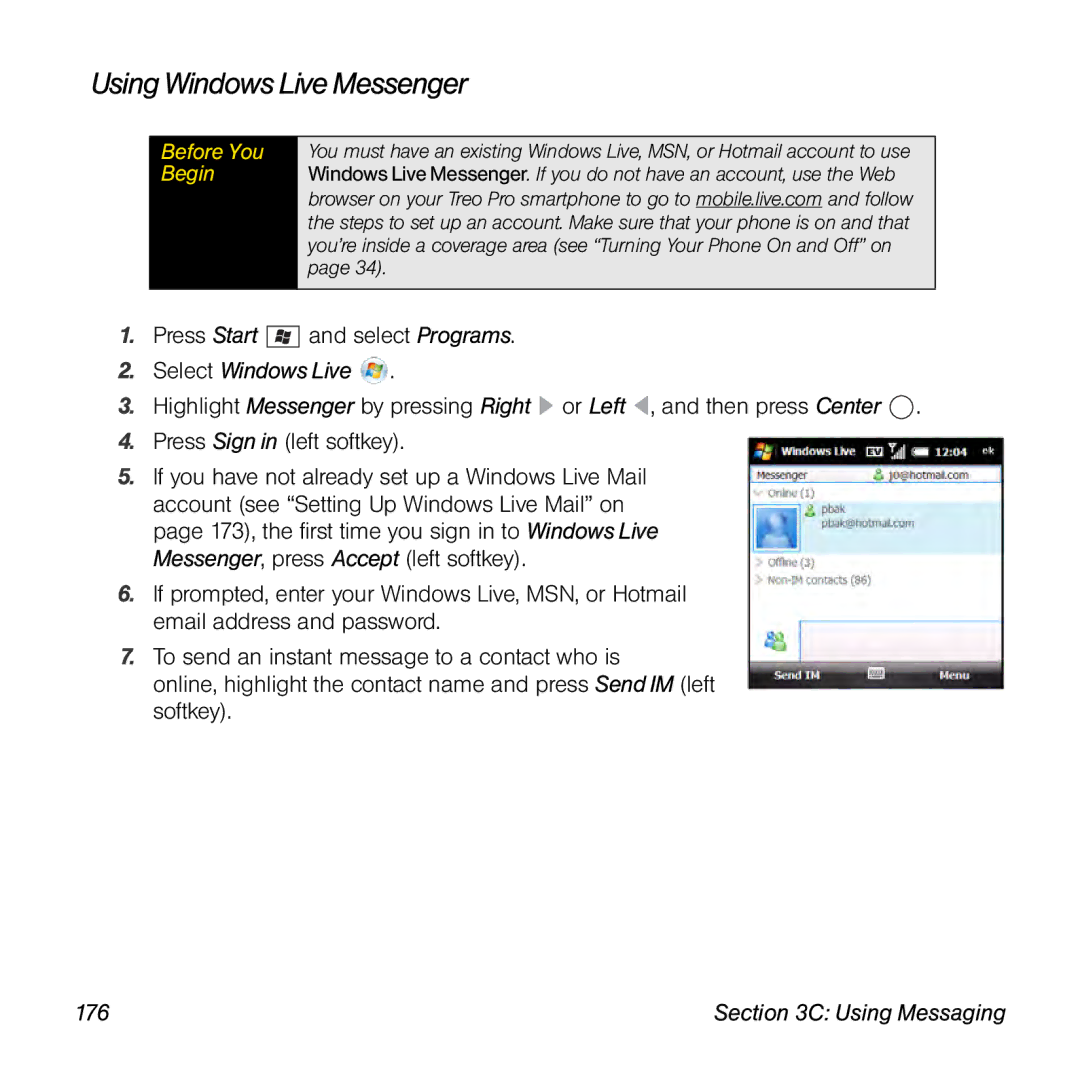 Palm TREOPROBLKSPT manual Using Windows Live Messenger 