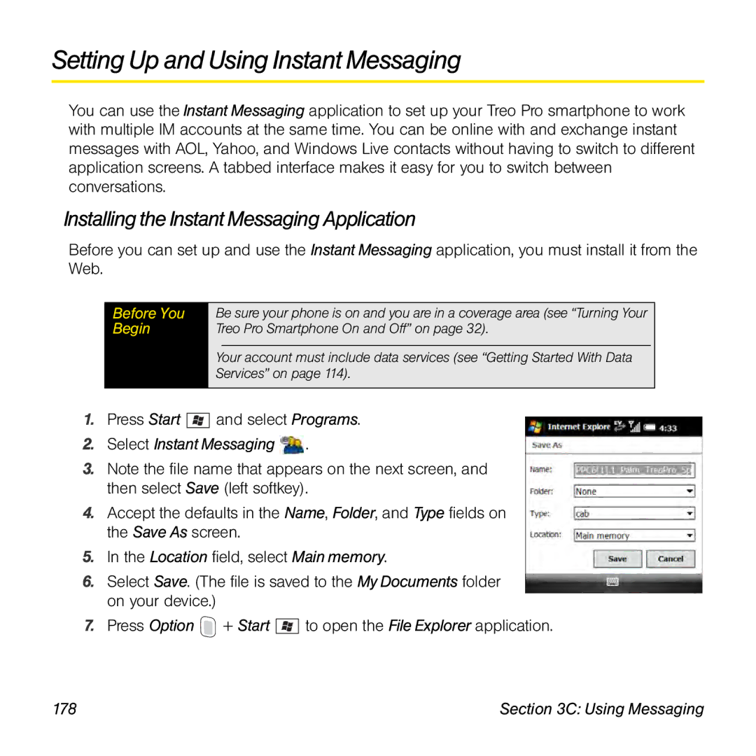 Palm TREOPROBLKSPT manual Setting Up and Using Instant Messaging, Installing the Instant Messaging Application 