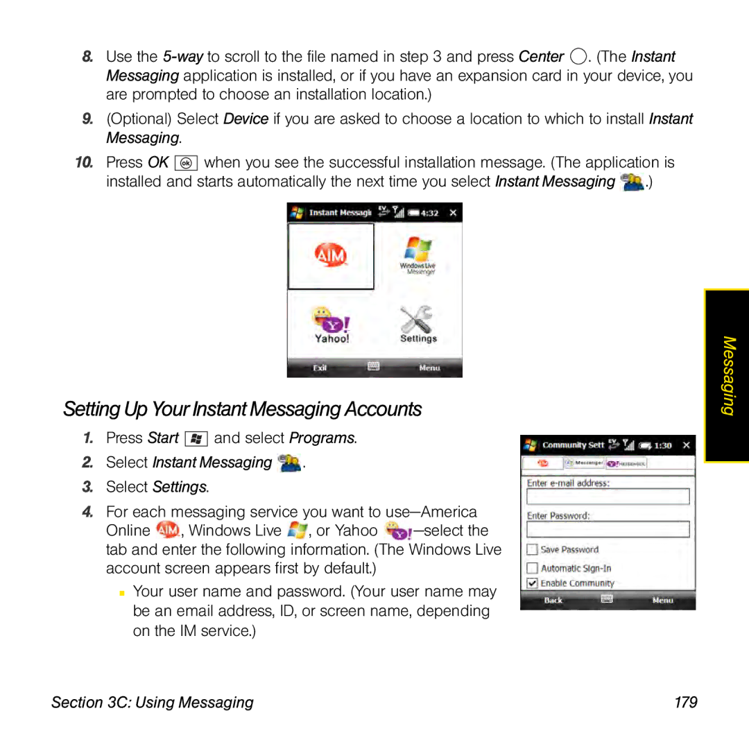 Palm TREOPROBLKSPT manual Setting Up Your Instant Messaging Accounts, Using Messaging 179 