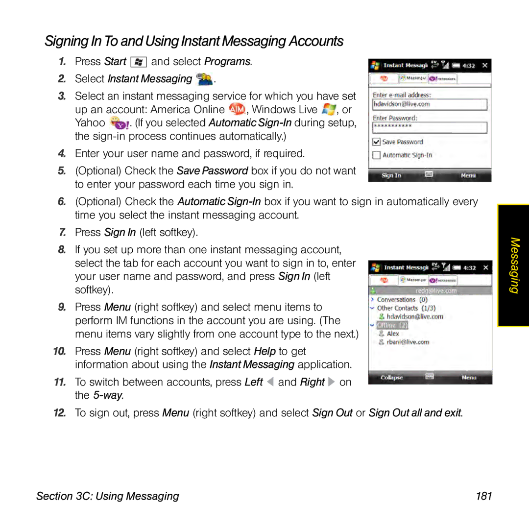 Palm TREOPROBLKSPT manual Signing In To and Using Instant Messaging Accounts, Using Messaging 181 