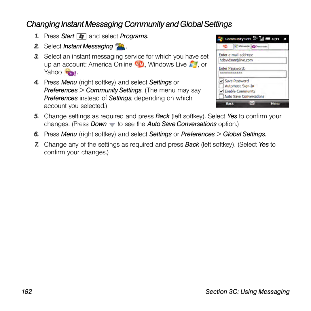 Palm TREOPROBLKSPT manual Changing Instant Messaging Community and Global Settings, 182 