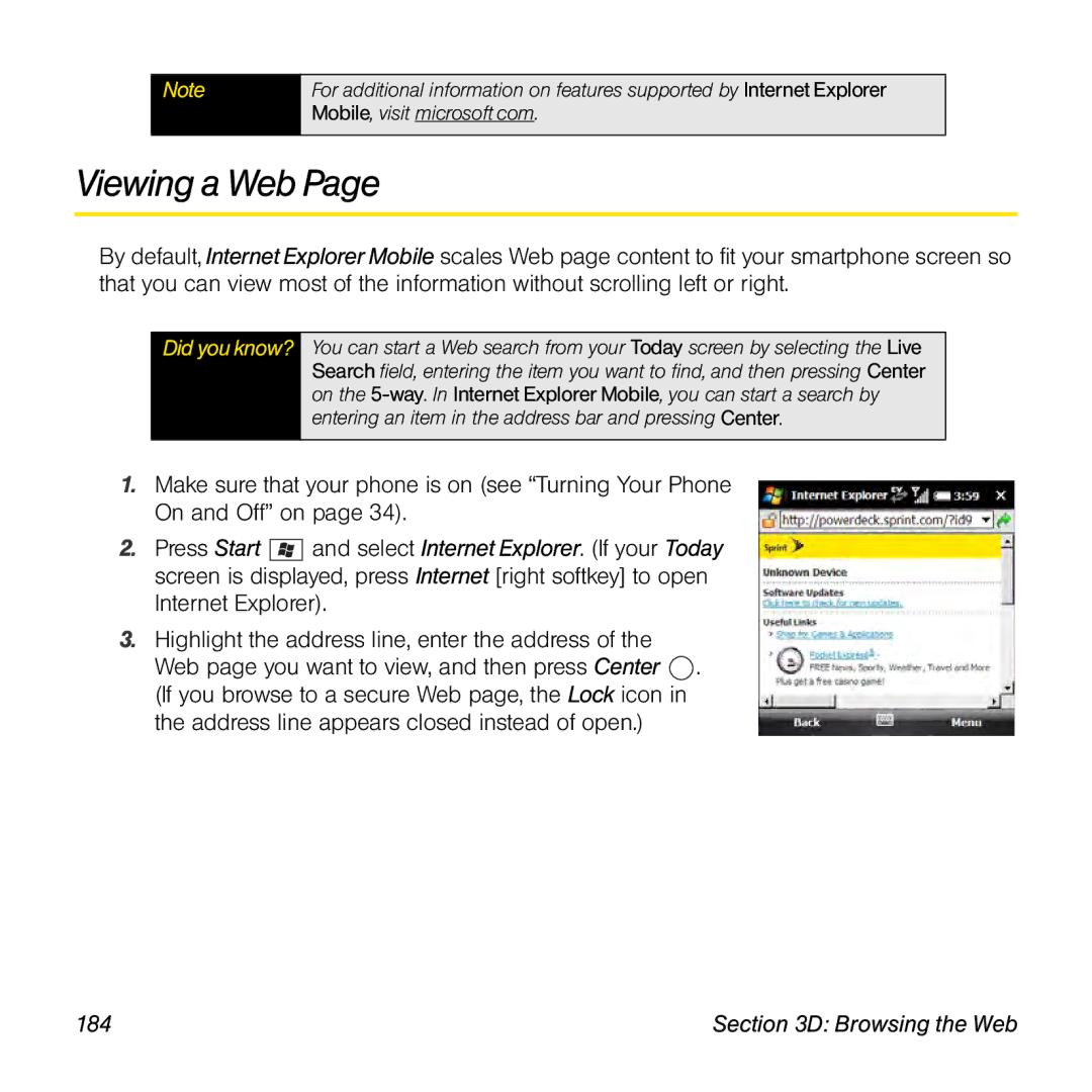 Palm TREOPROBLKSPT manual Viewing a Web, 184 