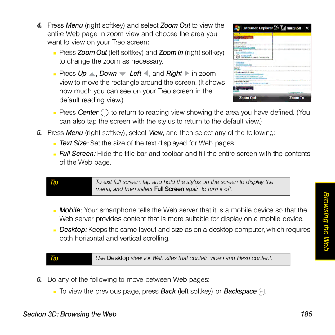Palm TREOPROBLKSPT manual Browsing the Web 185, Menu, and then select Full Screen again to turn it off 