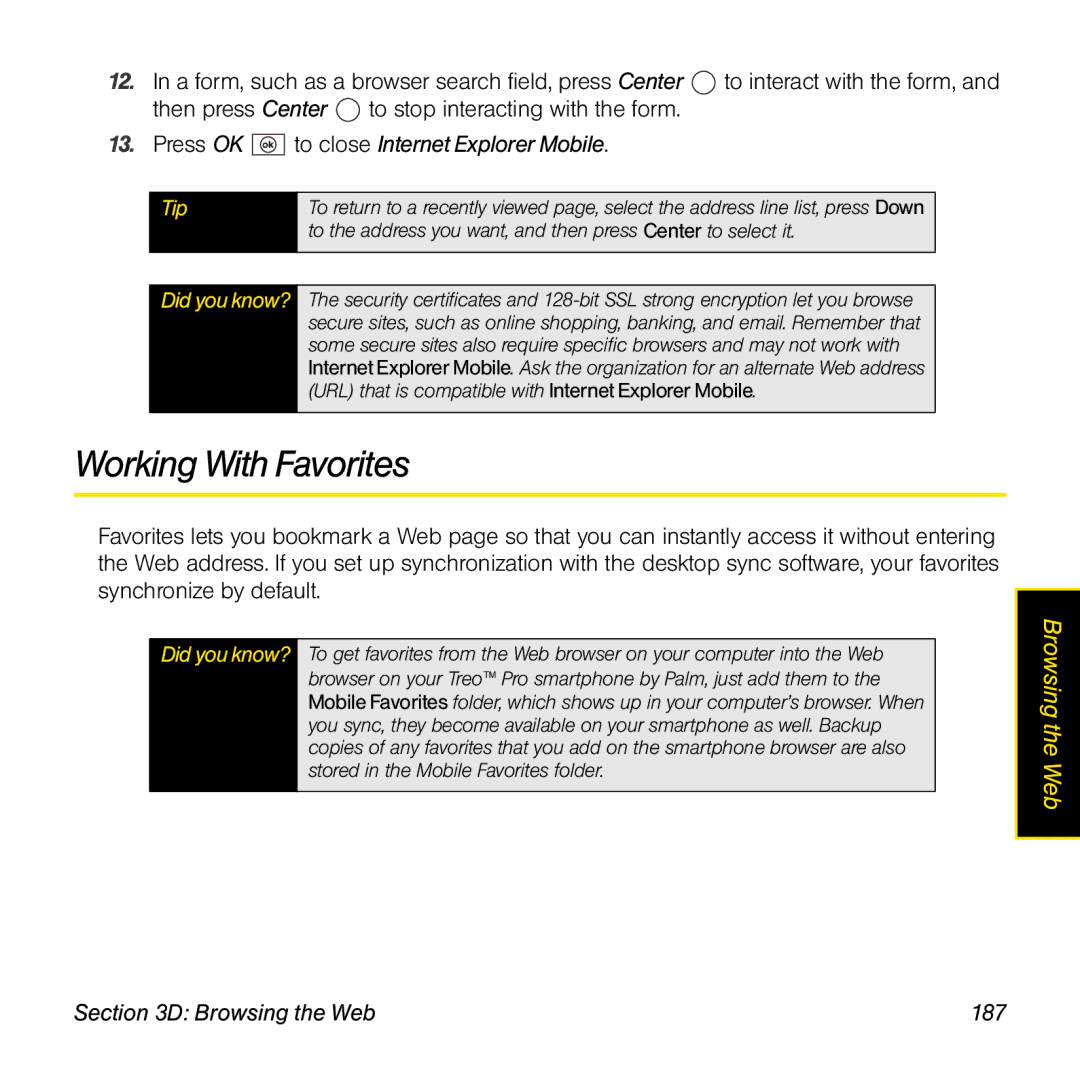 Palm TREOPROBLKSPT manual Working With Favorites, Press OK to close Internet Explorer Mobile, Browsing the Web 187 