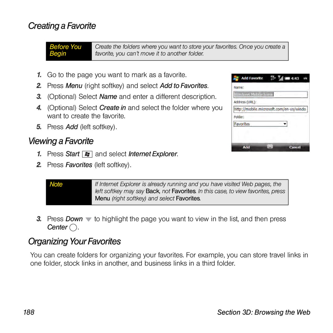 Palm TREOPROBLKSPT manual Creating a Favorite, Viewing a Favorite, Organizing Your Favorites, 188 