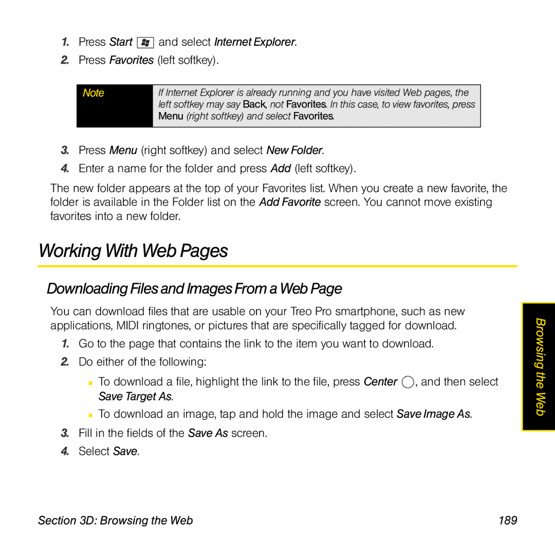 Palm TREOPROBLKSPT manual Working With Web Pages, Downloading Files and Images From a Web, Browsing the Web 189 