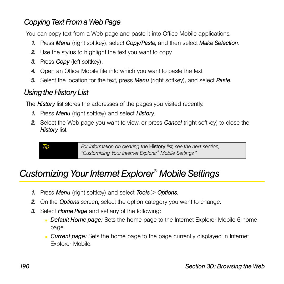 Palm TREOPROBLKSPT Customizing Your Internet Explorer Mobile Settings, Copying Text From a Web, Using the History List 