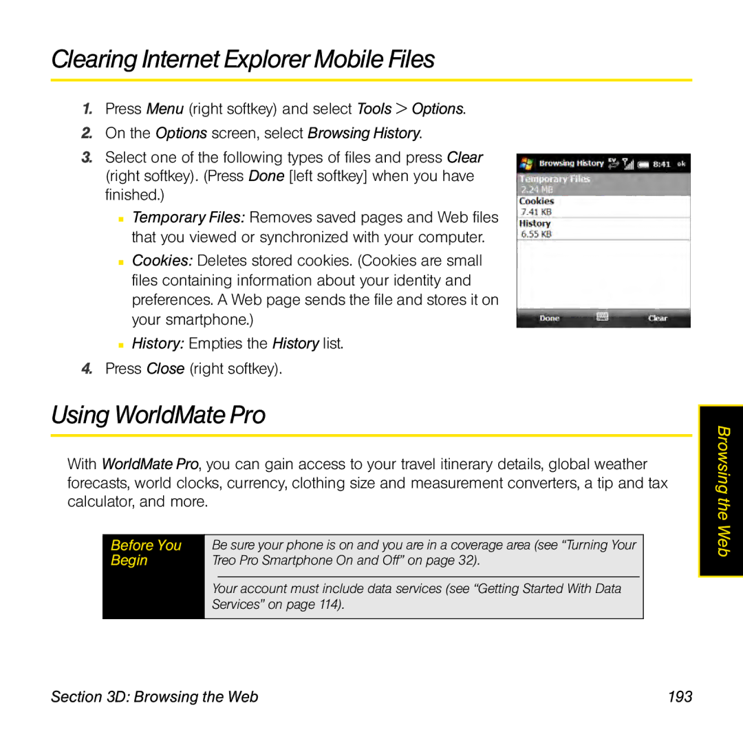 Palm TREOPROBLKSPT manual Clearing Internet Explorer Mobile Files, Using WorldMate Pro, History Empties the History list 