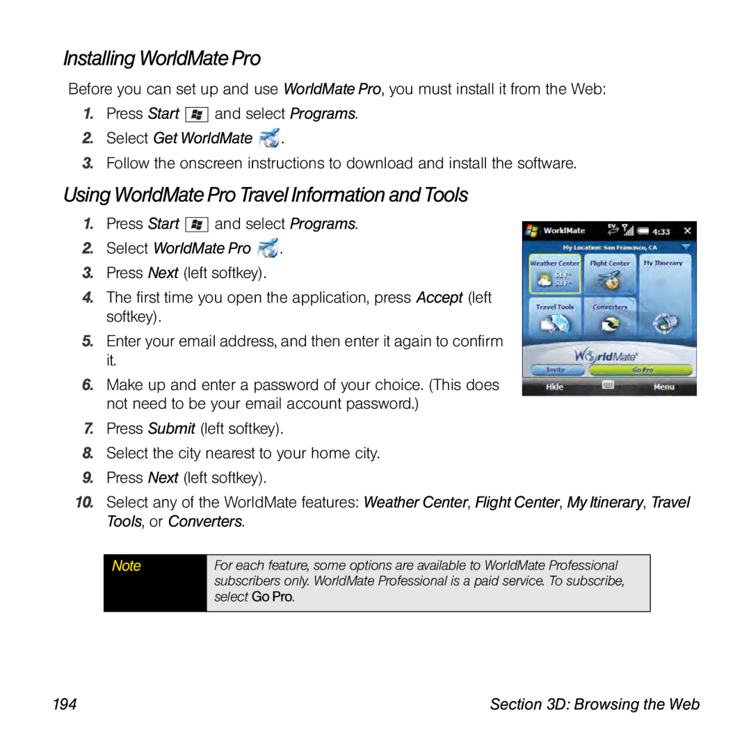 Palm TREOPROBLKSPT Installing WorldMate Pro, Using WorldMate Pro Travel Information and Tools, Select Get WorldMate, 194 
