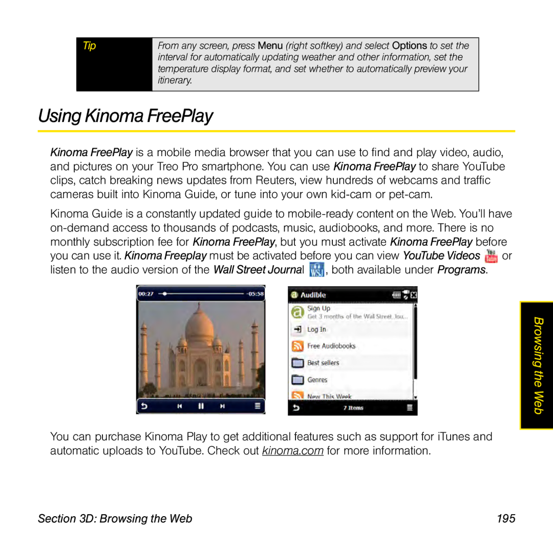 Palm TREOPROBLKSPT manual Using Kinoma FreePlay, Browsing the Web 195 