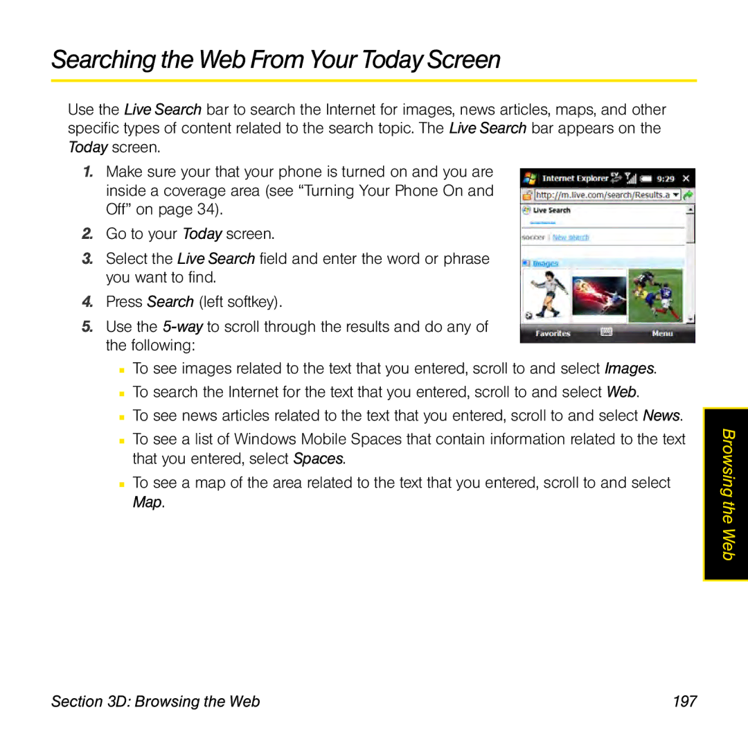 Palm TREOPROBLKSPT manual Searching the Web From Your Today Screen, Browsing the Web 197 