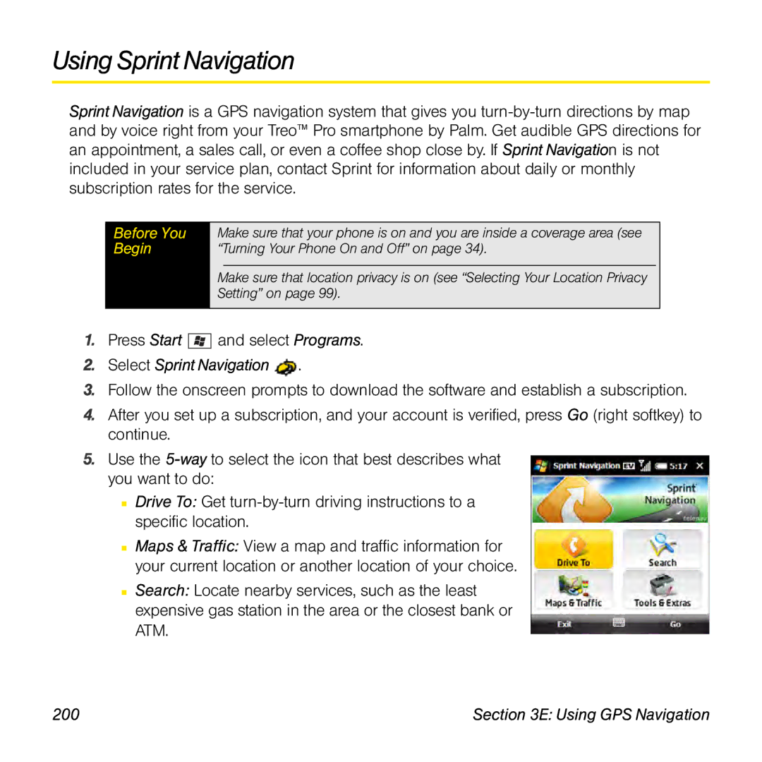 Palm TREOPROBLKSPT manual Using Sprint Navigation, Select Sprint Navigation, 200 