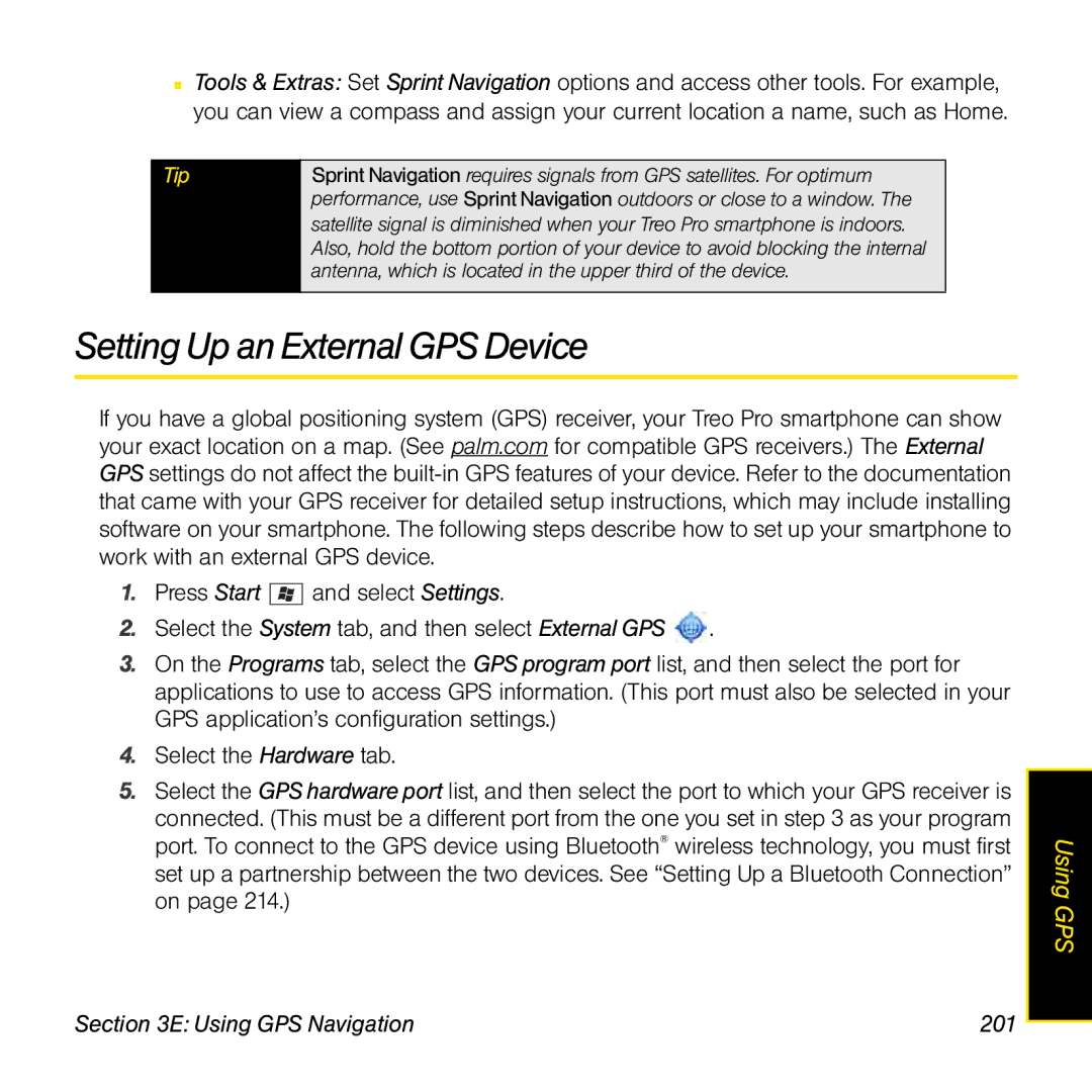 Palm TREOPROBLKSPT manual Setting Up an External GPS Device, Using GPS Navigation 201 