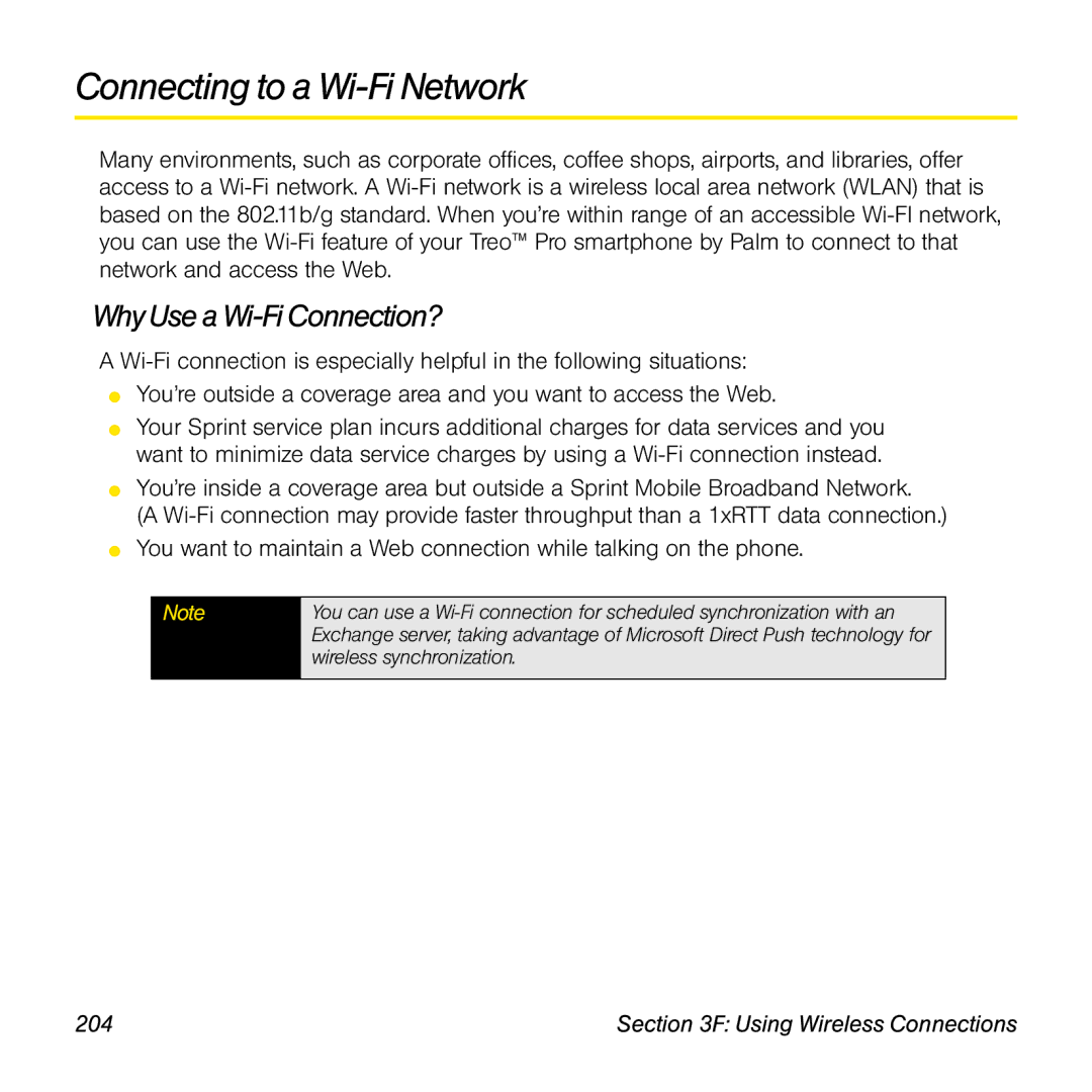 Palm TREOPROBLKSPT manual Connecting to a Wi-Fi Network, Why Use a Wi-Fi Connection?, 204 