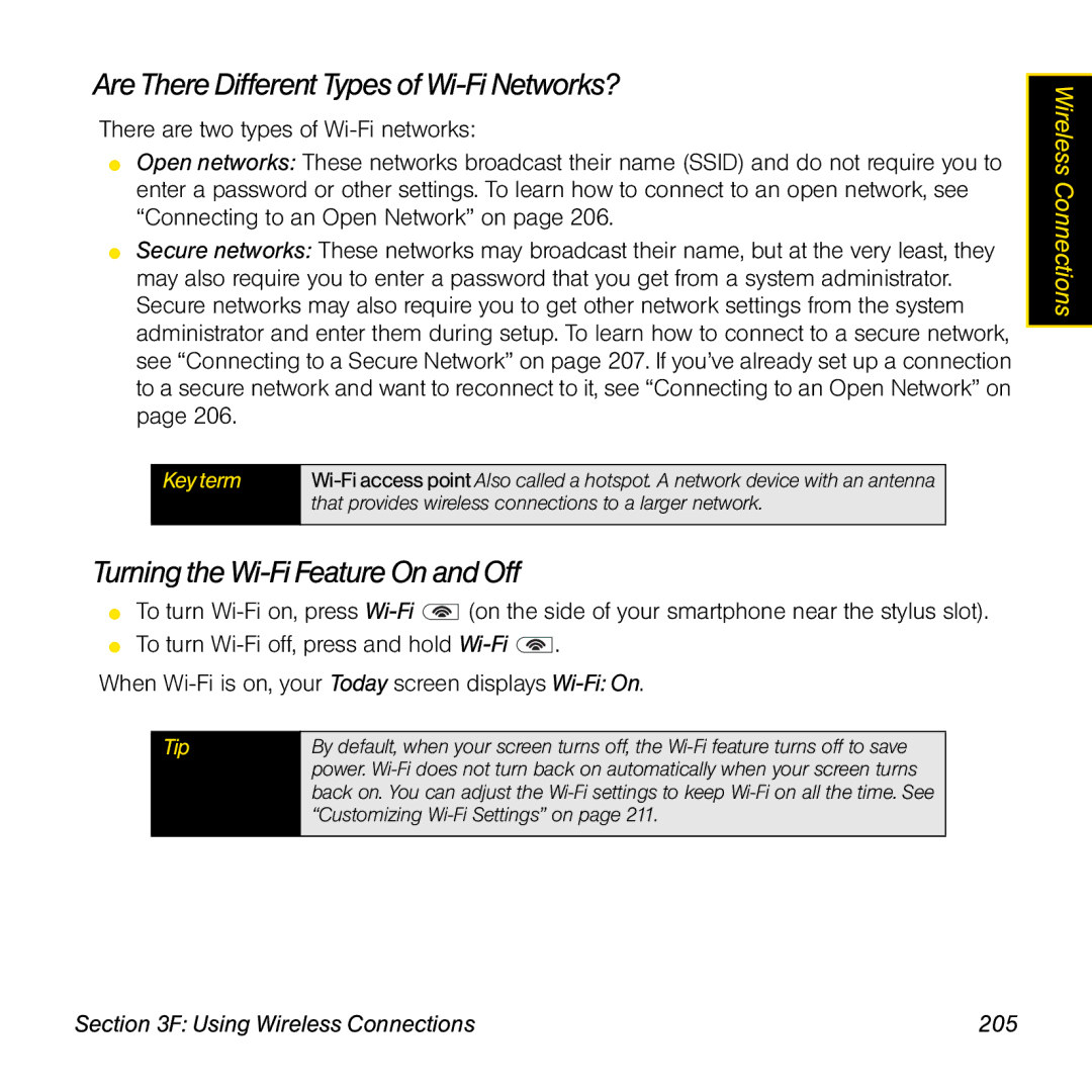 Palm TREOPROBLKSPT manual Are There Different Types of Wi-Fi Networks?, Turning the Wi-Fi Feature On and Off 