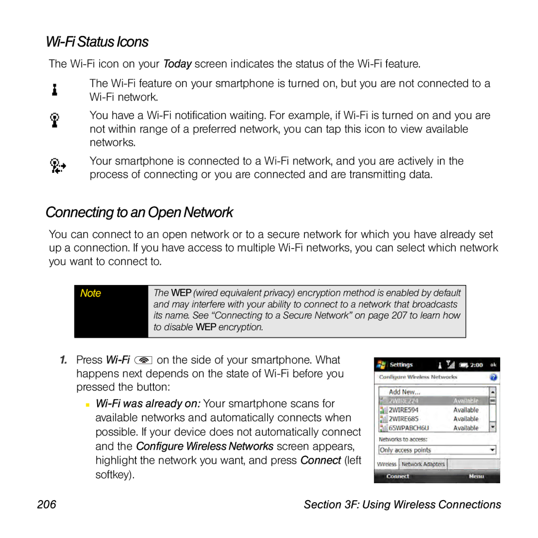 Palm TREOPROBLKSPT manual Wi-Fi Status Icons, Connecting to an Open Network, 206 