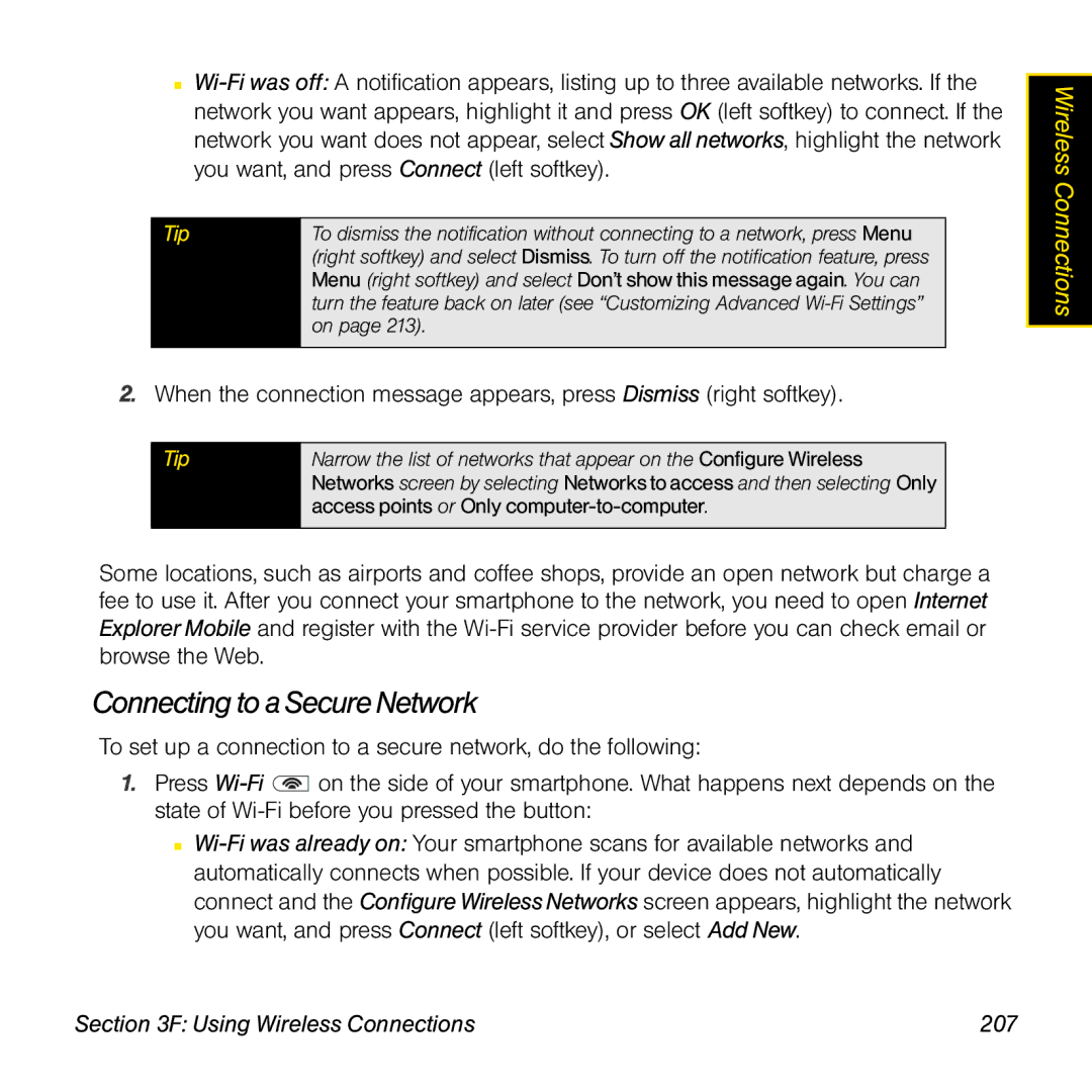 Palm TREOPROBLKSPT manual Connecting to a Secure Network, Using Wireless Connections 207 