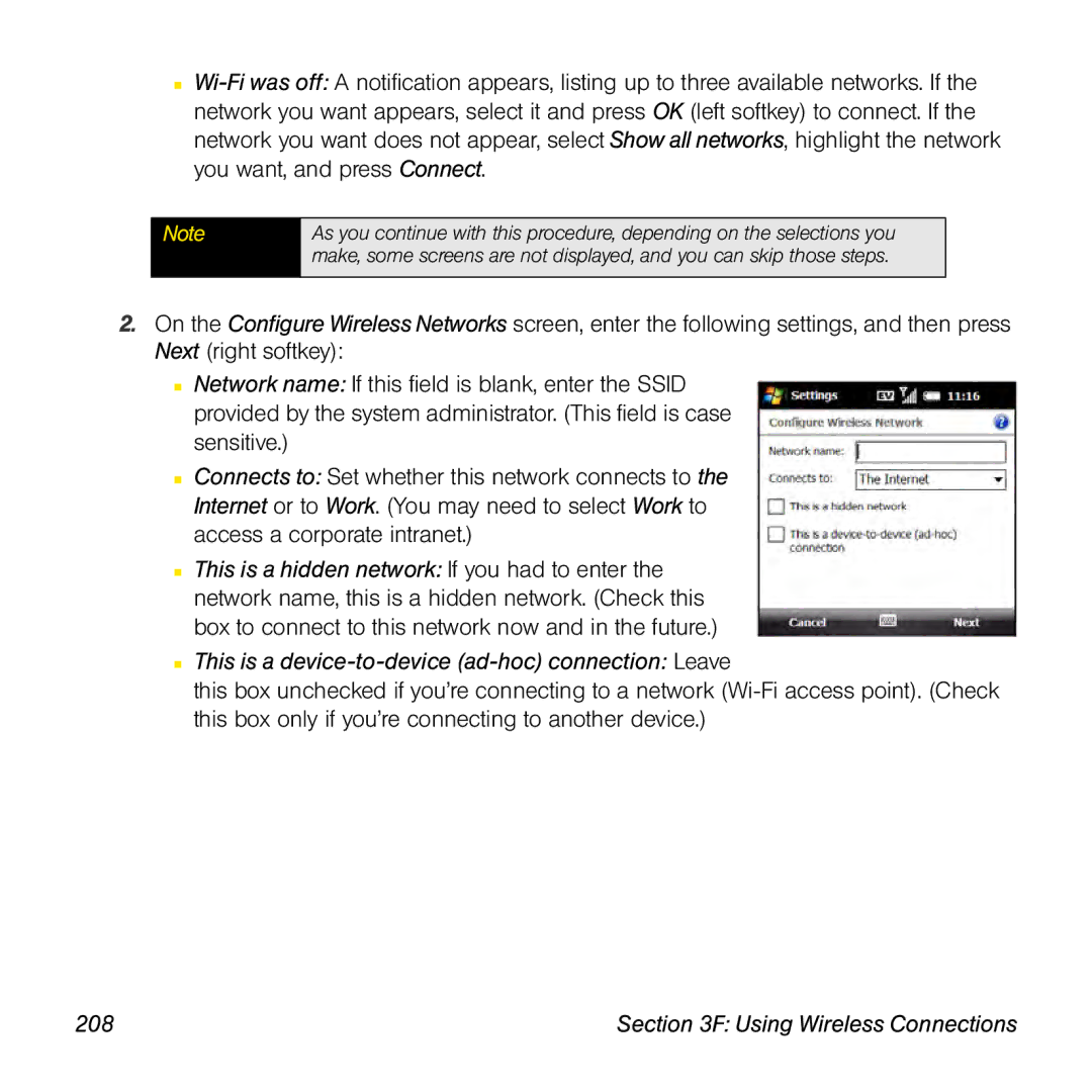 Palm TREOPROBLKSPT manual This is a device-to-device ad-hoc connection Leave, 208 