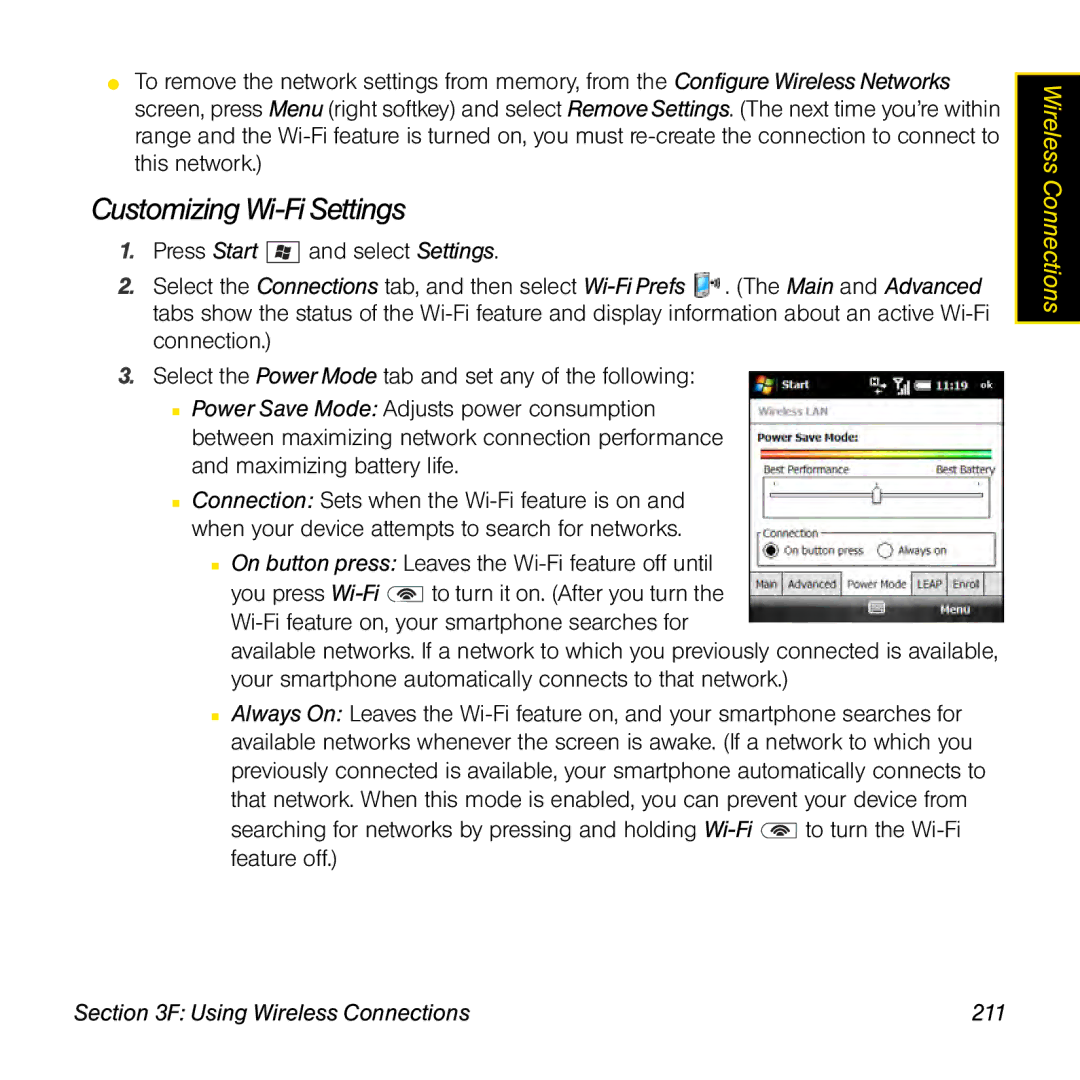 Palm TREOPROBLKSPT manual Customizing Wi-Fi Settings, Using Wireless Connections 211 