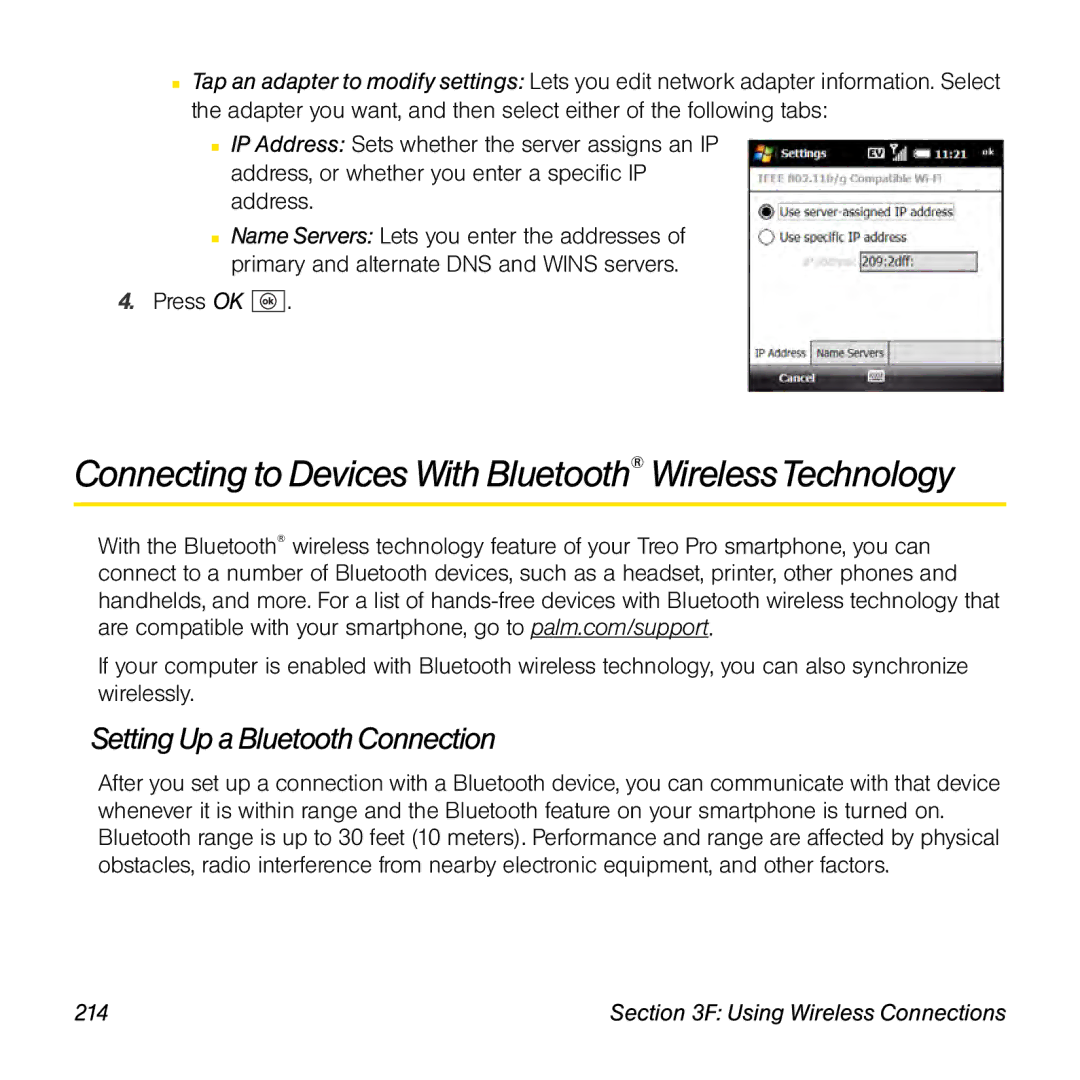 Palm TREOPROBLKSPT manual Connecting to Devices With Bluetooth WirelessTechnology, Setting Up a Bluetooth Connection 