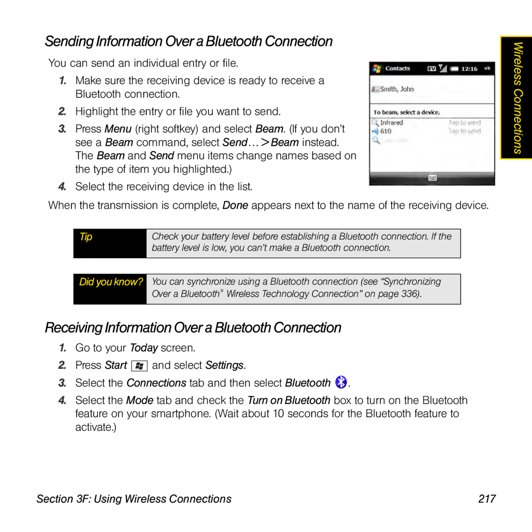 Palm TREOPROBLKSPT Sending Information Over a Bluetooth Connection, Receiving Information Over a Bluetooth Connection 