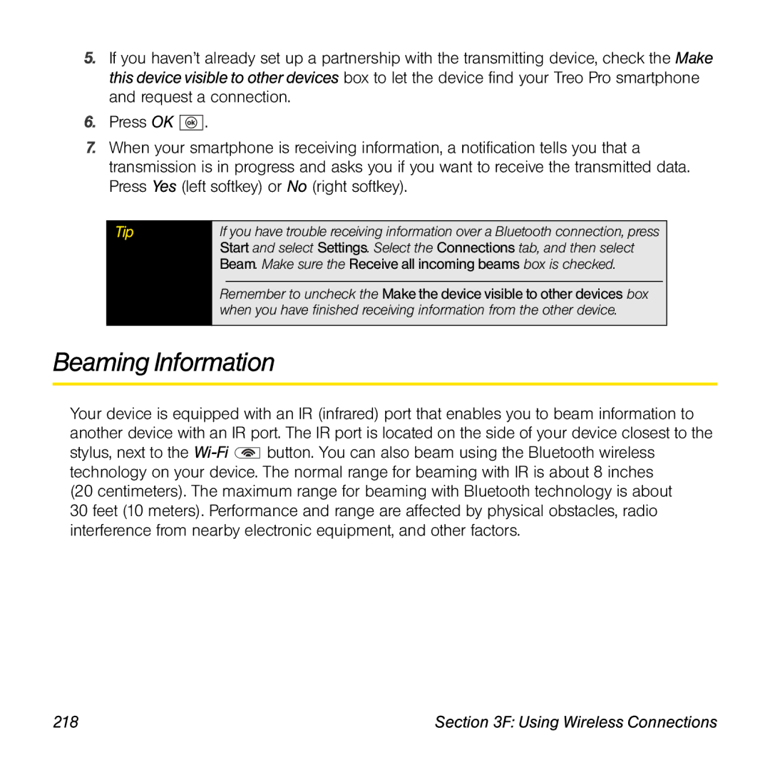 Palm TREOPROBLKSPT manual Beaming Information, 218 