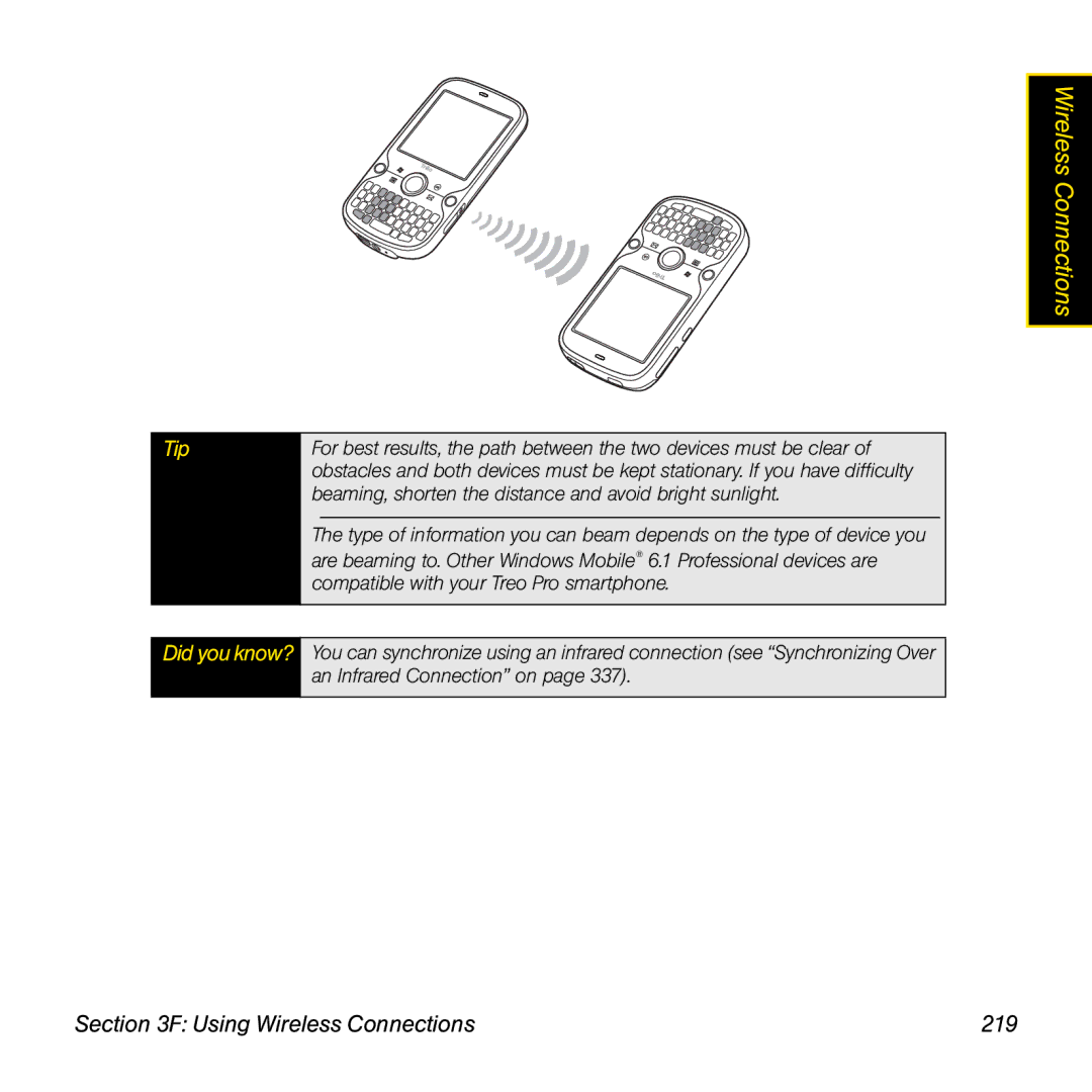 Palm TREOPROBLKSPT manual Using Wireless Connections 219, Beaming, shorten the distance and avoid bright sunlight 