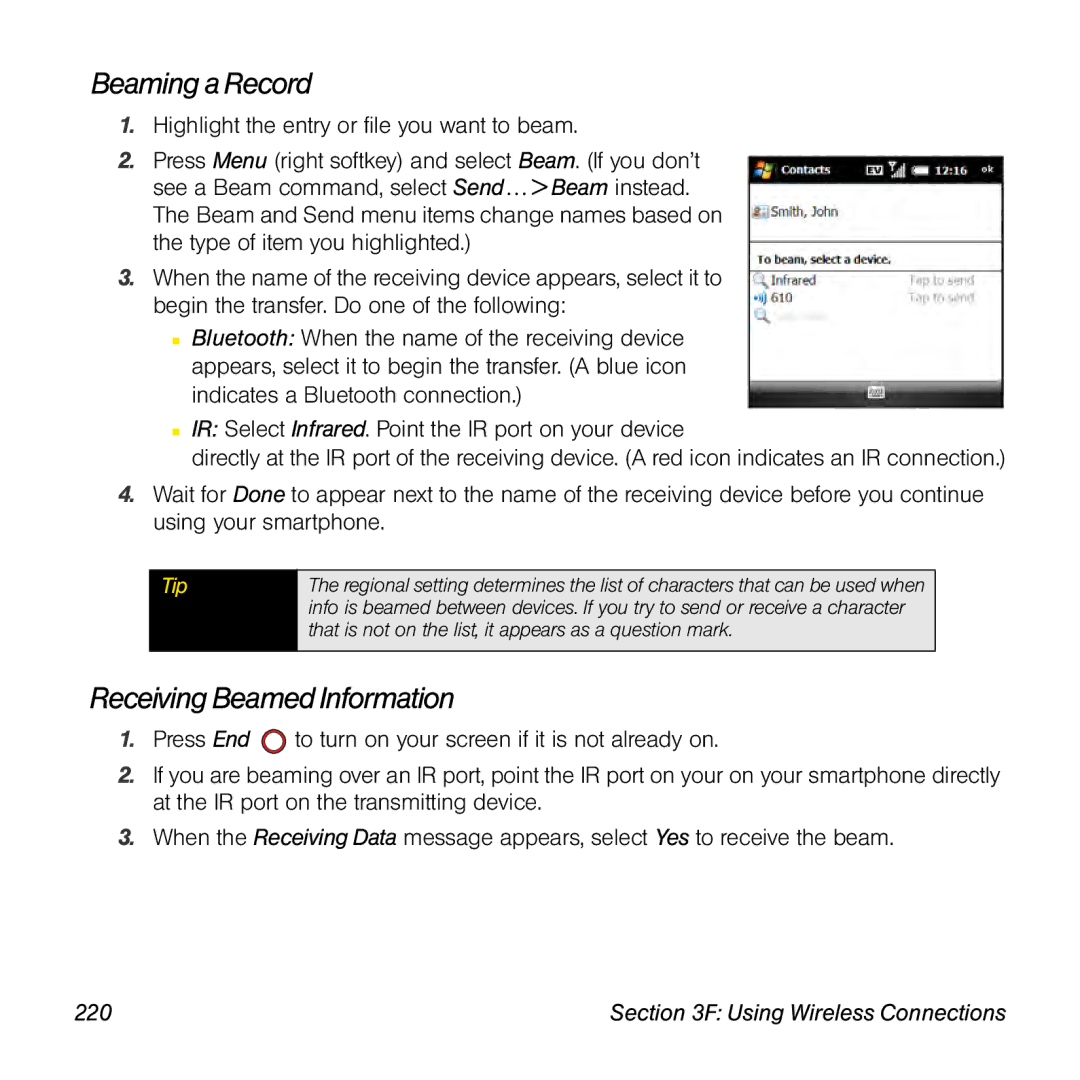 Palm TREOPROBLKSPT manual Beaming a Record, Receiving Beamed Information, 220 