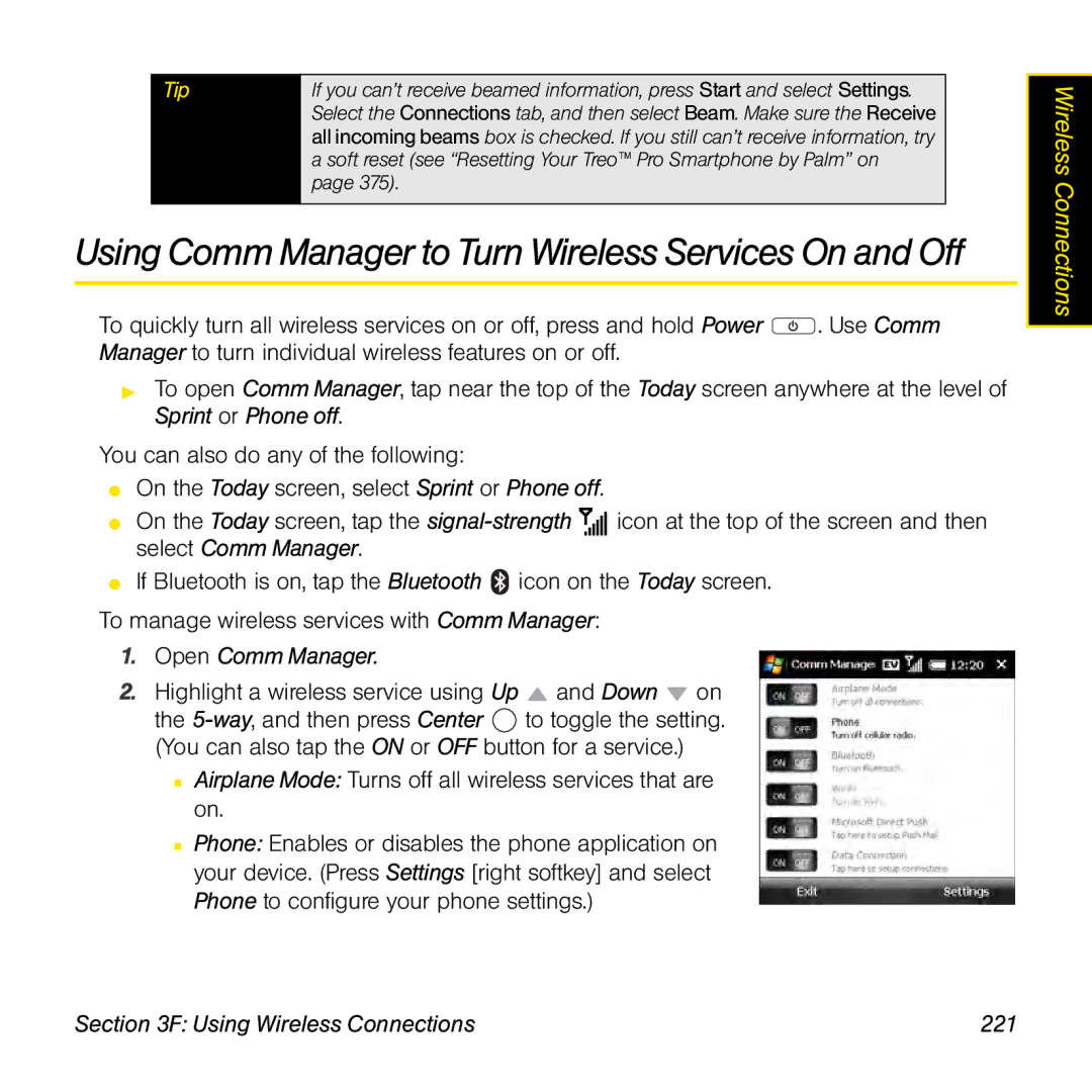 Palm TREOPROBLKSPT manual Open Comm Manager, Using Wireless Connections 221 