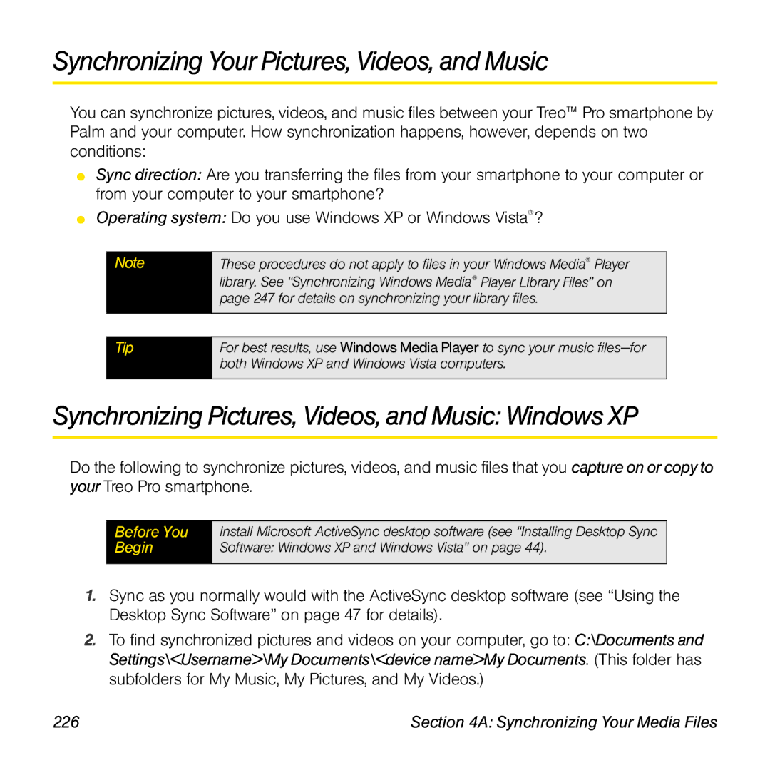 Palm TREOPROBLKSPT Synchronizing Your Pictures, Videos, and Music, Synchronizing Pictures, Videos, and Music Windows XP 