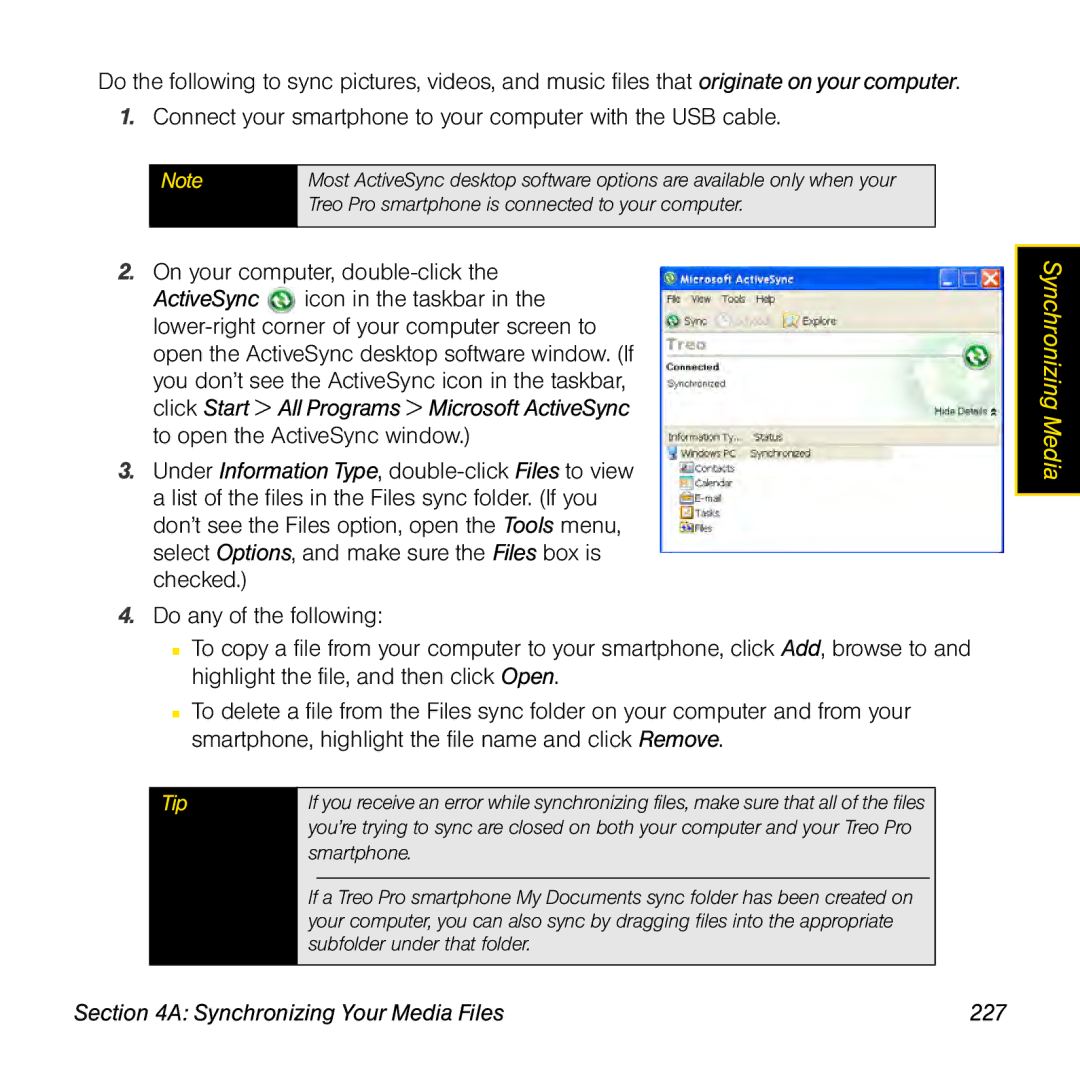 Palm TREOPROBLKSPT manual Synchronizing Your Media Files 227, Smartphone 