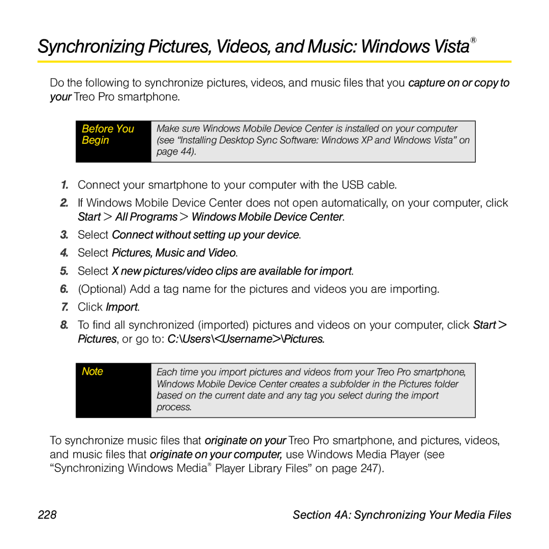 Palm TREOPROBLKSPT manual Synchronizing Pictures, Videos, and Music Windows Vista, 228 