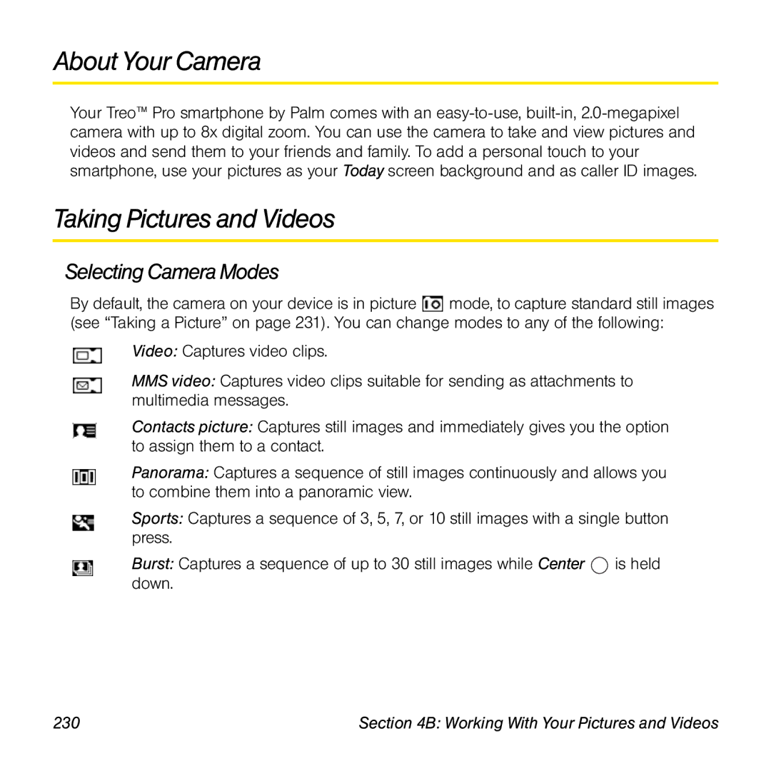 Palm TREOPROBLKSPT manual About Your Camera, Taking Pictures and Videos, Selecting Camera Modes, 230 