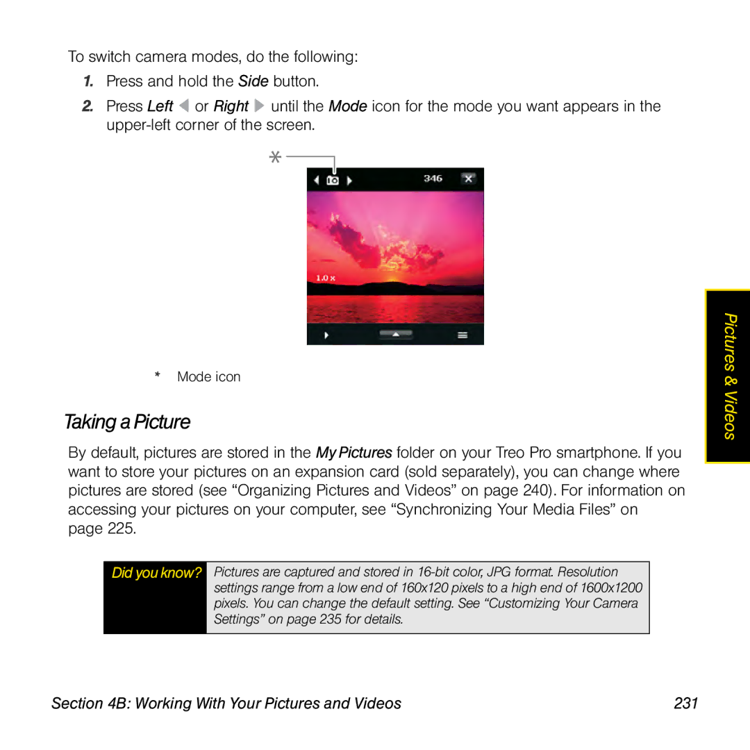 Palm TREOPROBLKSPT manual Taking a Picture, Working With Your Pictures and Videos 231 