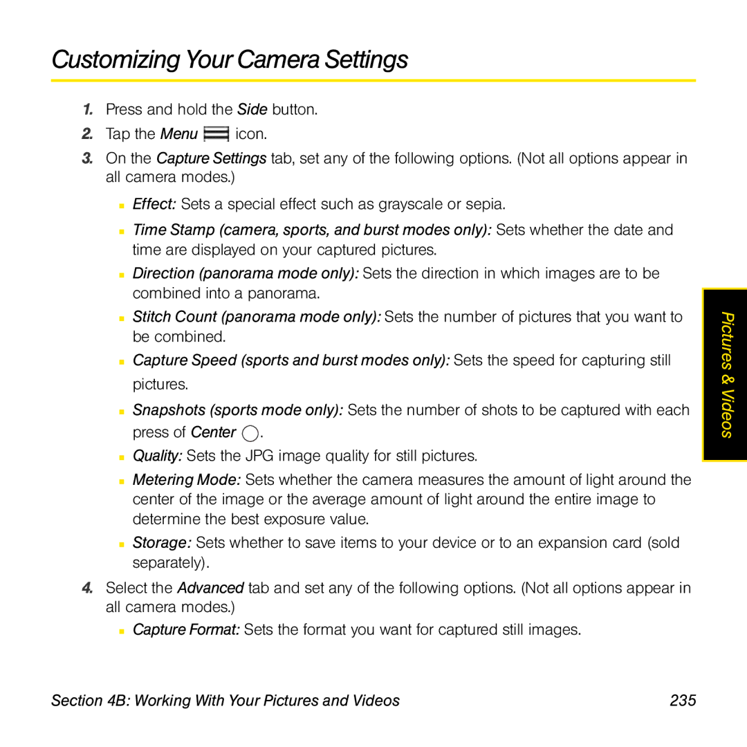 Palm TREOPROBLKSPT manual Customizing Your Camera Settings, Working With Your Pictures and Videos 235 