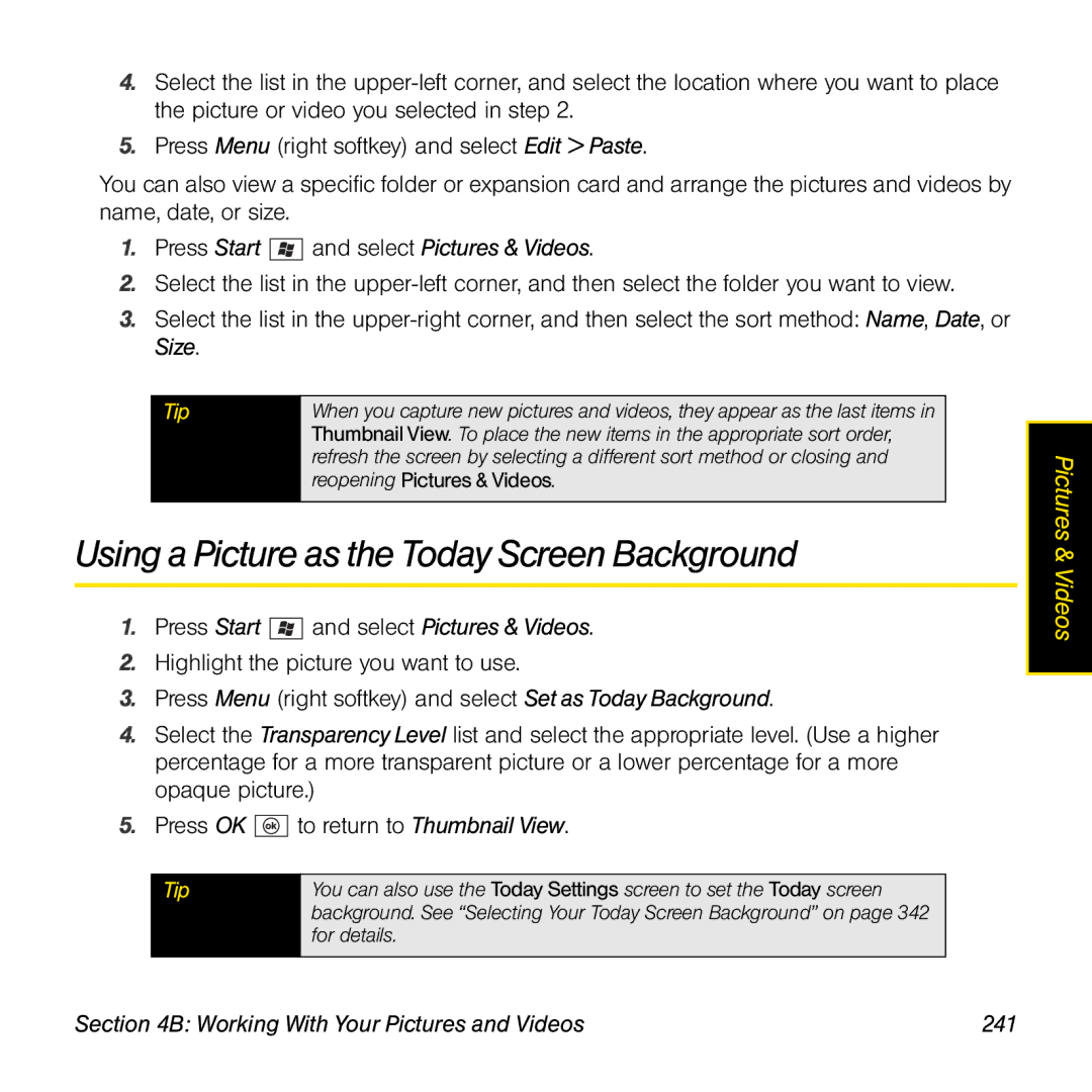 Palm TREOPROBLKSPT manual Using a Picture as the Today Screen Background, Working With Your Pictures and Videos 241 
