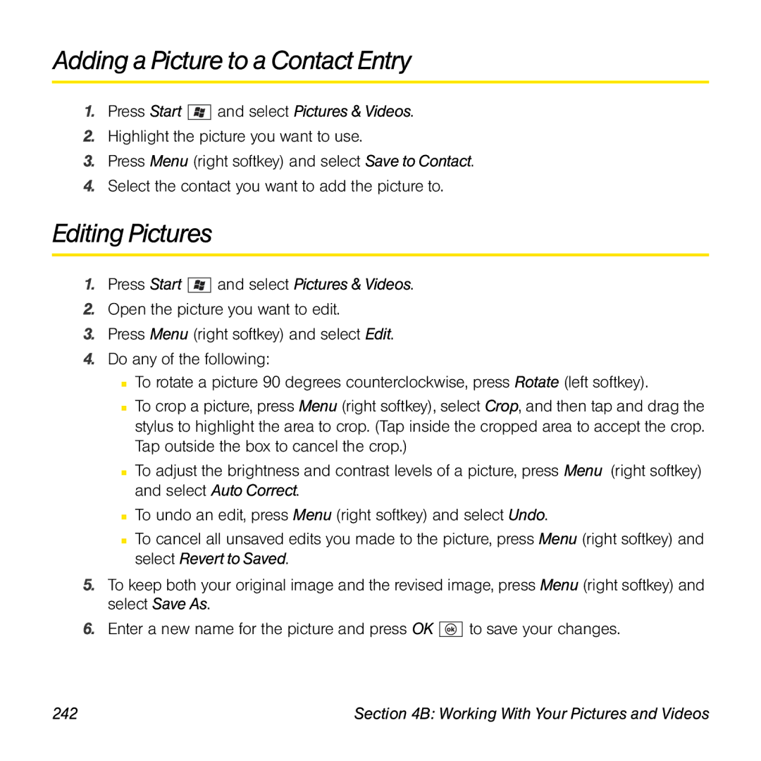 Palm TREOPROBLKSPT manual Adding a Picture to a Contact Entry, Editing Pictures, 242 