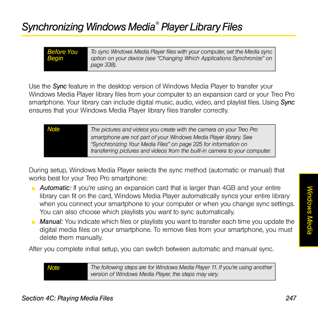 Palm TREOPROBLKSPT manual Synchronizing Windows Media Player Library Files, Playing Media Files 247 