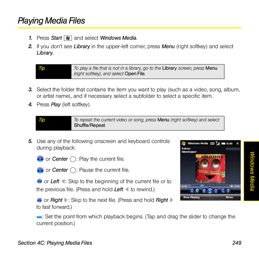 Palm TREOPROBLKSPT manual Playing Media Files 249 