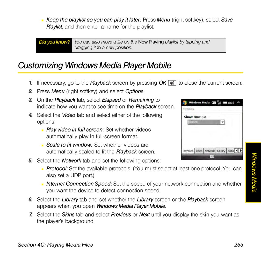 Palm TREOPROBLKSPT manual Customizing Windows Media Player Mobile, Playing Media Files 253 