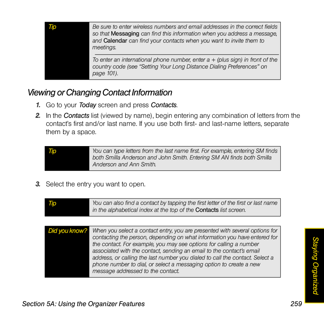 Palm TREOPROBLKSPT manual Viewing or Changing Contact Information, Using the Organizer Features 259 