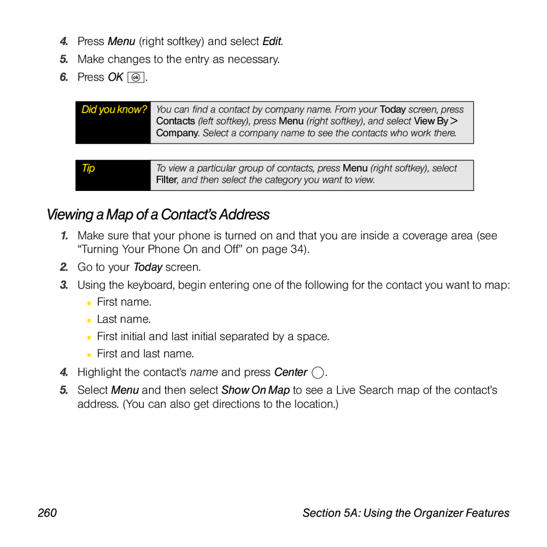 Palm TREOPROBLKSPT manual Viewing a Map of a Contact’s Address, 260 